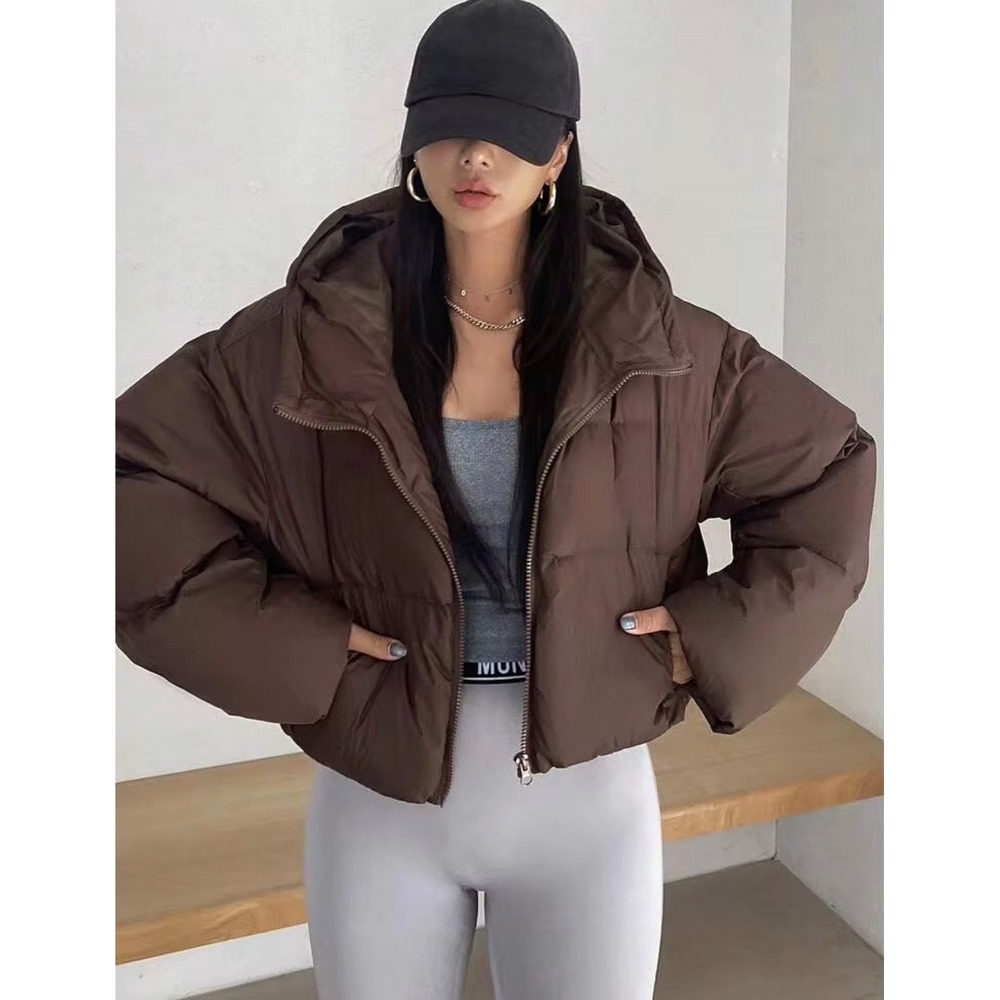 Gorpcore Cropped Puffer Jacket Brown Hooded Zip Up Streetwear Size M